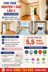 cho thue 60m2  nguyen 1 san lau 2  co loi di rieng tai hem 33 thuy loi  phuoc long a q9 hcm