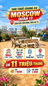 Cho thuê CC Moscow Q12 sát KCN Tân Bình 90m2, 3PN, sân vườn,11tr/th